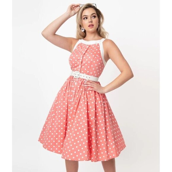 Unique Vintage Womens Maxine Swing Dress Sz S 4 Pink Polka Dot Retro 50s Pin Up - Picture 1 of 12